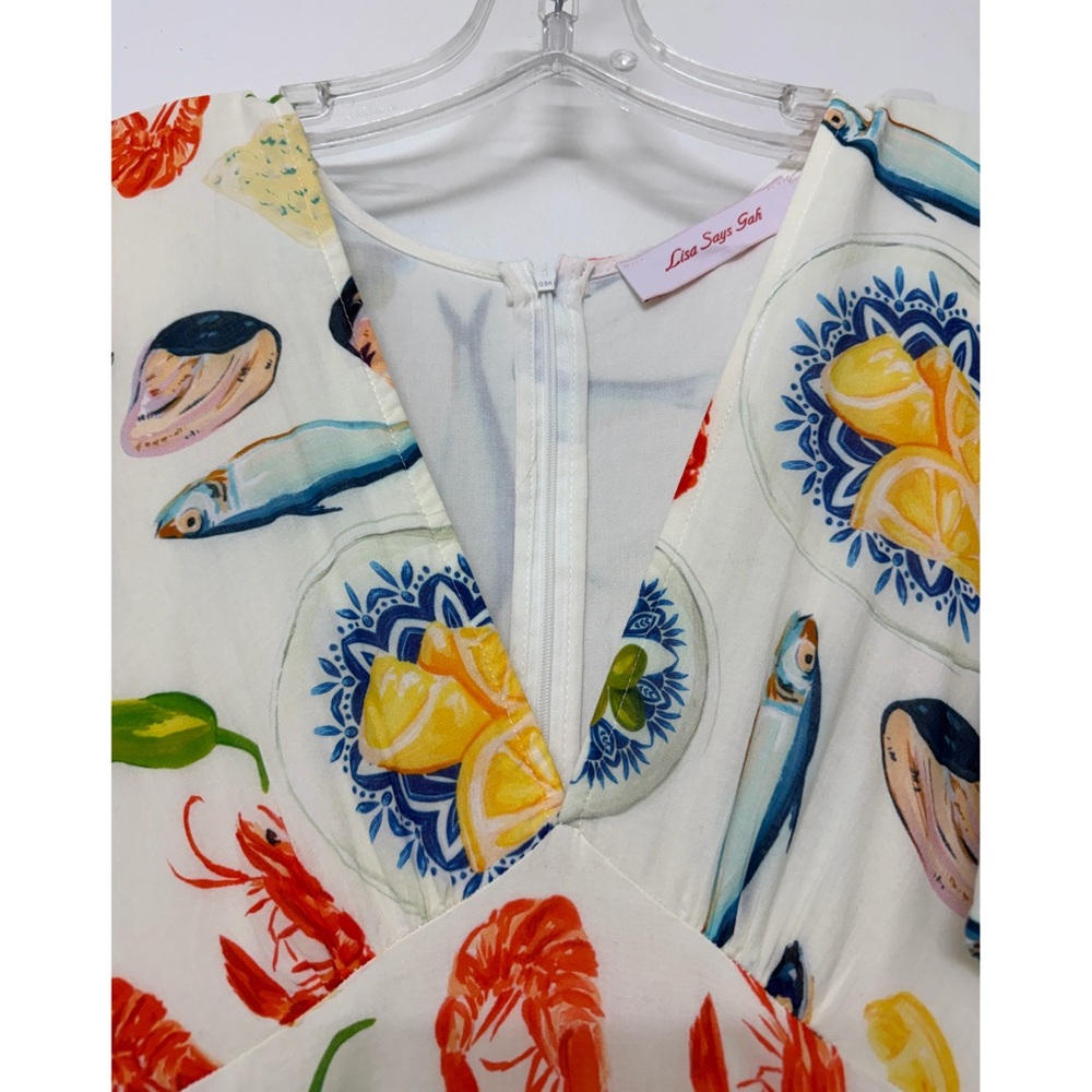 Lisa Says Gah Grace Food Print Midi Dress Tapas Ivory Lemon Olive Fruit XS - Picture 4 of 16